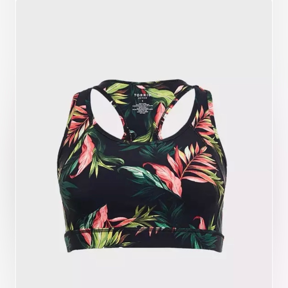 Torrid Black Sports Bra with Pink and Green Tropical Print